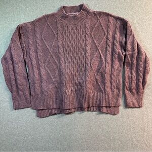 Mock Neck Cable Knit Sweater Long Sleeve Split Hem